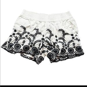 J. Crew Medium Blue White Floral Embroidered Pull-on Shorts Lined Pockets Linen